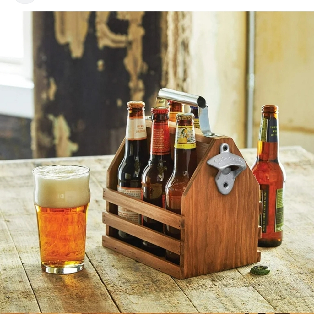 Beer Bottle & Beverage Wooden Caddy with Opener by Hammer & Axe BNWT SO